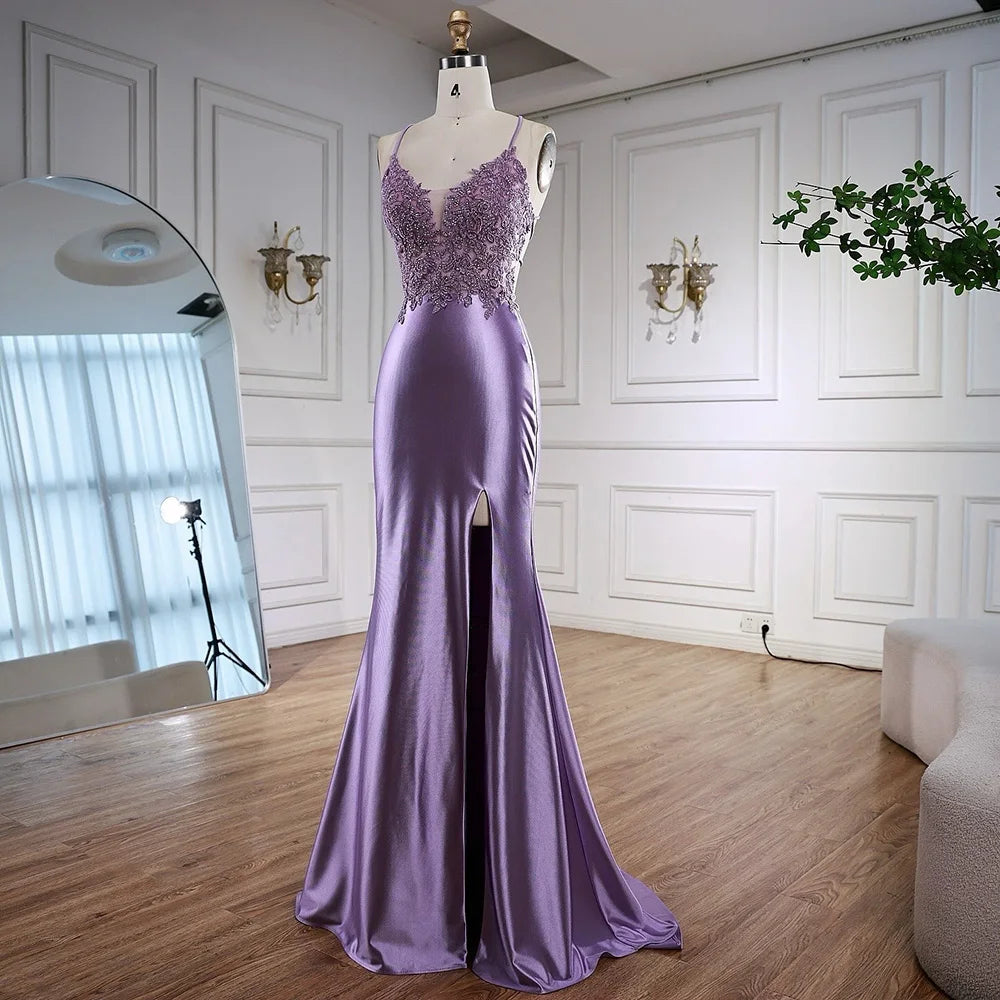 Purple Elin Satin Evening Dress Purple Satin A-line Backless Long Prom Dresses With Slit, Evening Purple Elin Satin Evening Dress Purple Satin A-line Backless Long Prom Dresses With Slit, Evening