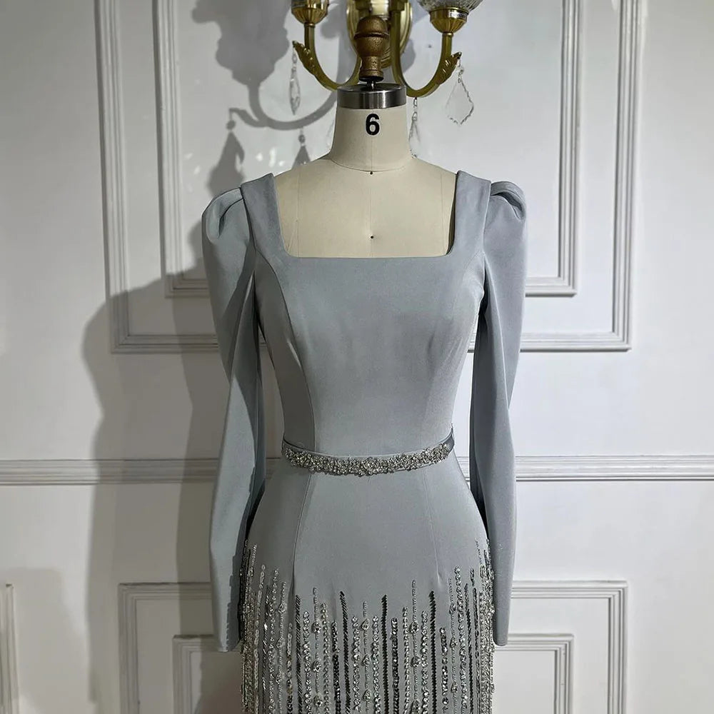 Serene Hill Arabic Gray Mermaid Elegant Ankle Length Beaded Satin Luxury Evening Dresses Gowns For Women Party 2025 LA72317 - SERENE HILL