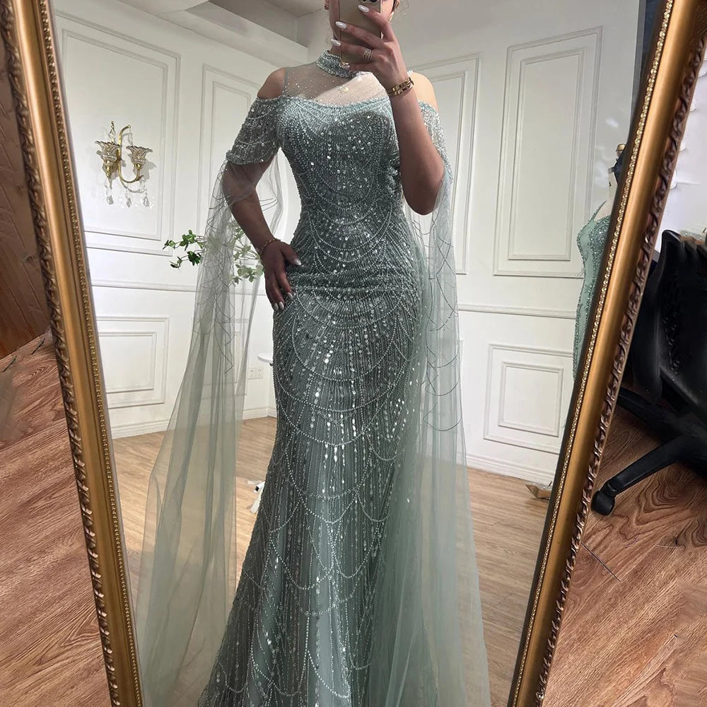 Serene Hill Arabic Purple Mermaid Cape Sleeves Beaded Luxury Long Evening Dresses Gowns 2025 For Woman Wedding Party LA71992 - SERENE HILL