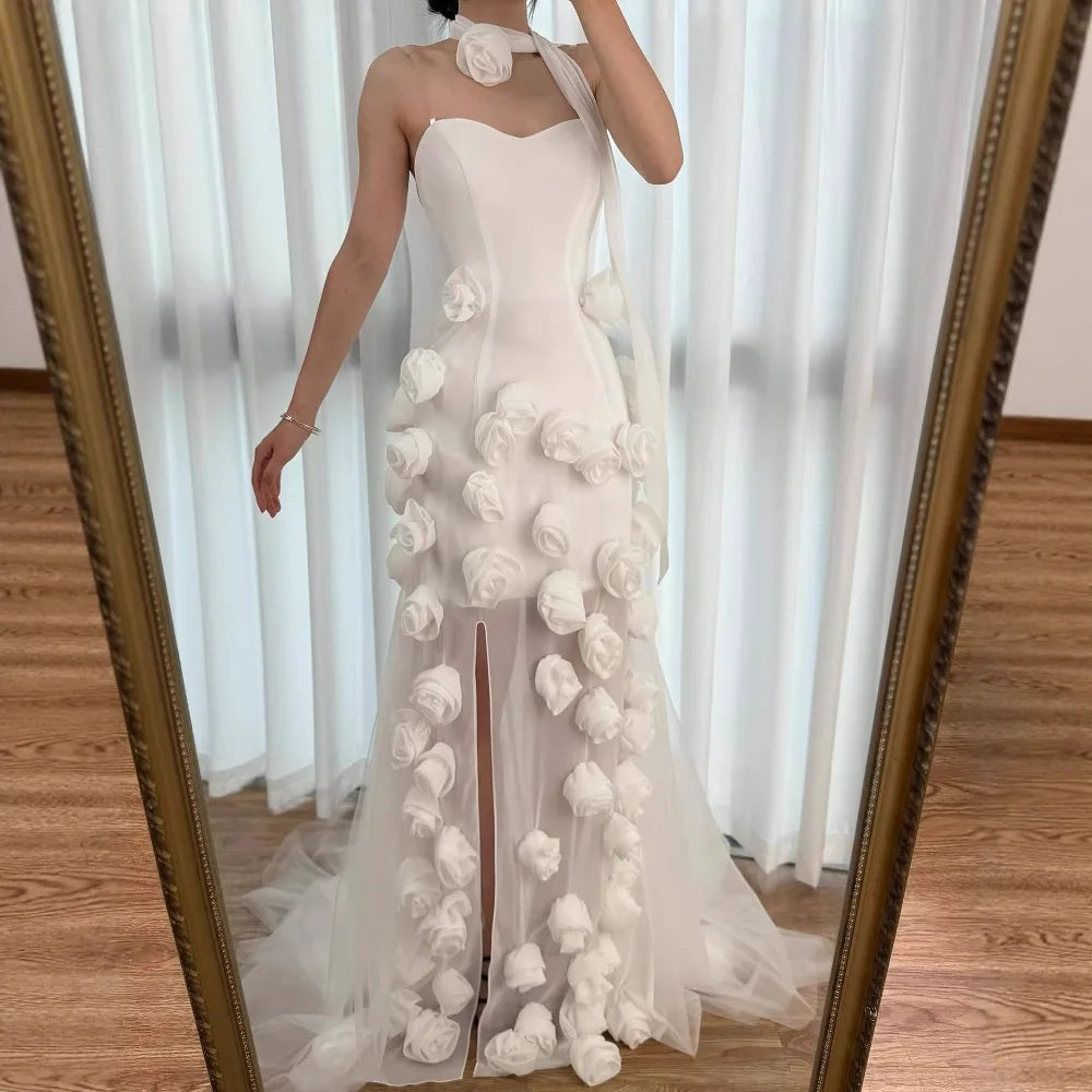 Elegant Evening Dress for Girls Arabic Pink 3D Flowers Elegant Srapless Dress Side Split Prom Party Gowns LA72568 - SERENE HILL