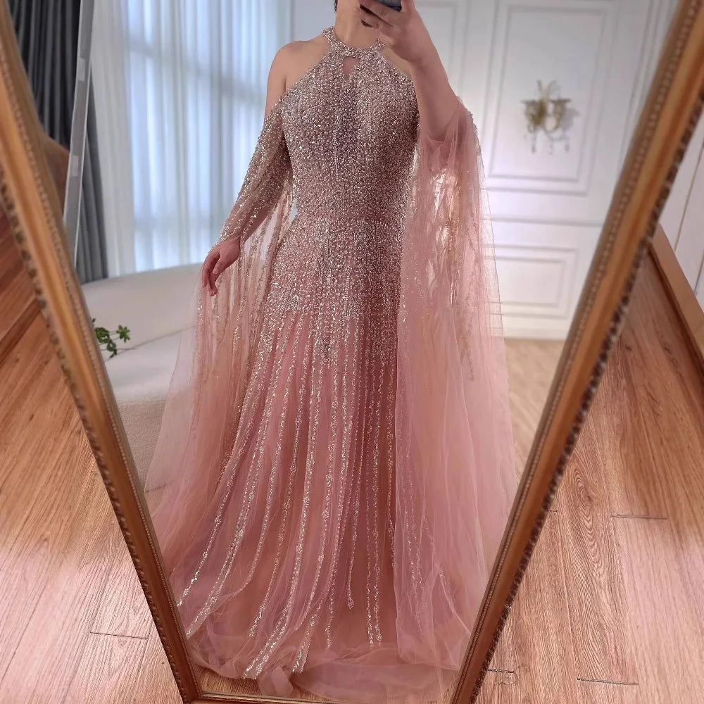 Luxury Turquoise Beaded A Line Evening Dress with Cape Sleeves LA72820 - SERENE HILL