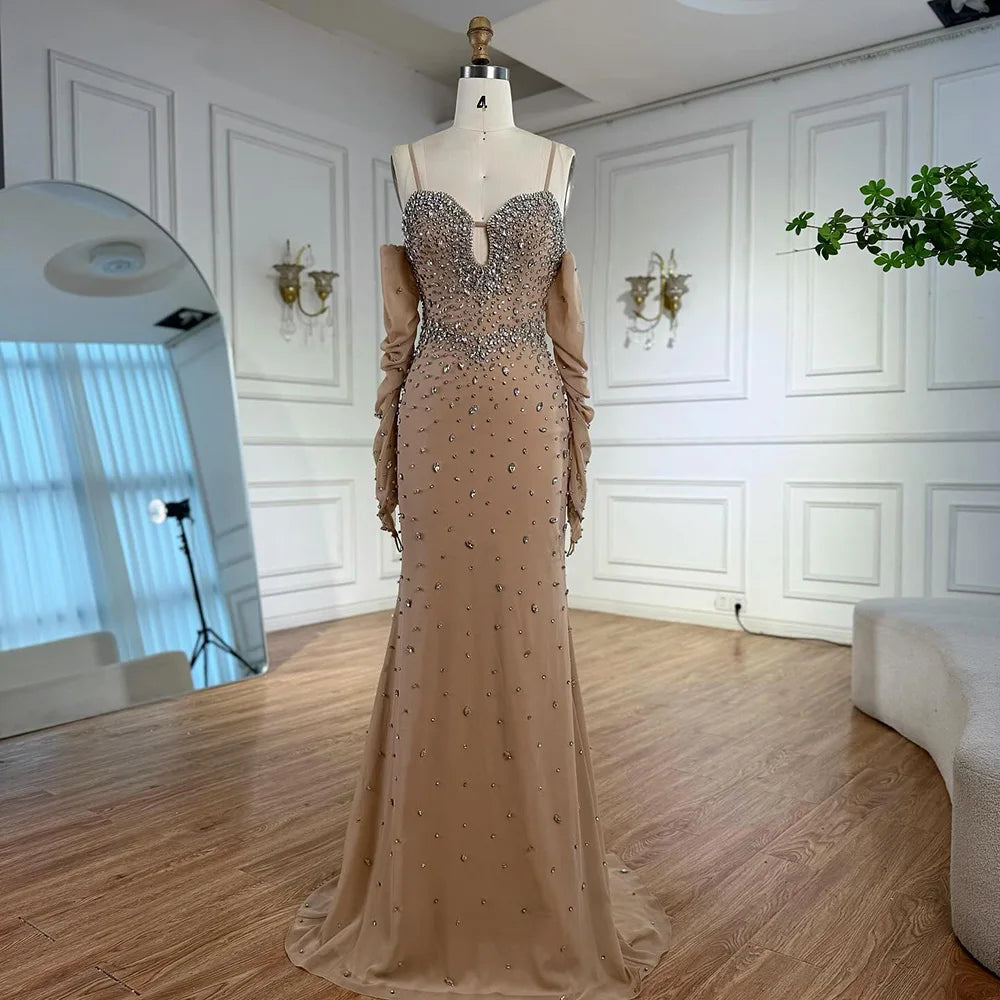 Luxury Nude Beaded Dress with Detachable Sleeves LA73065 - SERENE HILL