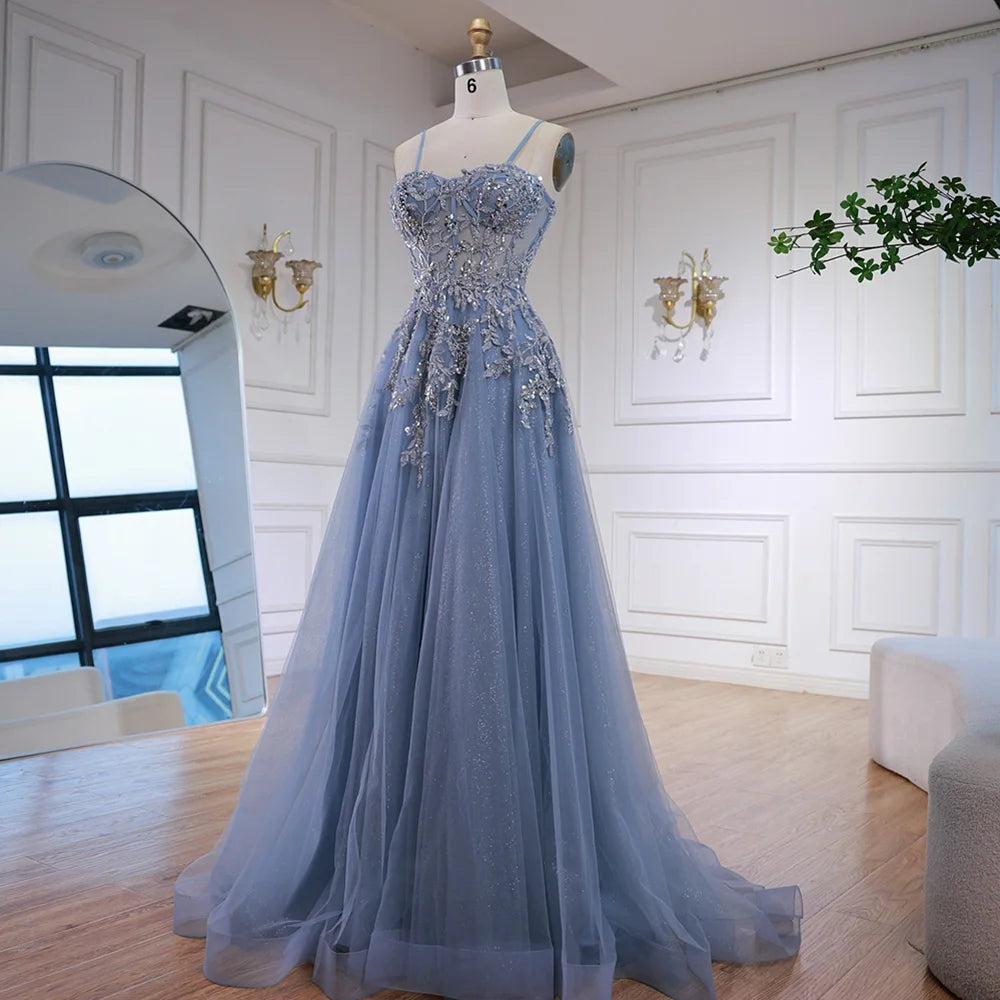 Luxury Gray Tulle A Line Prom Dress with Floral Appliques LA73015 - SERENE HILL