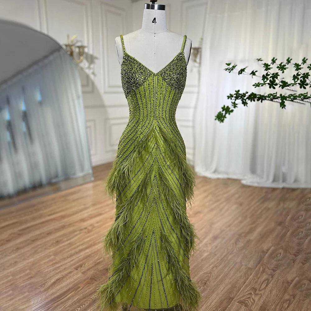 On Sale no return no refund Serene Hill Yellow Green Feathers Mermaid Sundress Evening Gowns Beaded Ankle Length Party Drsses 2025 For Women LA72055 - SERENE HILL