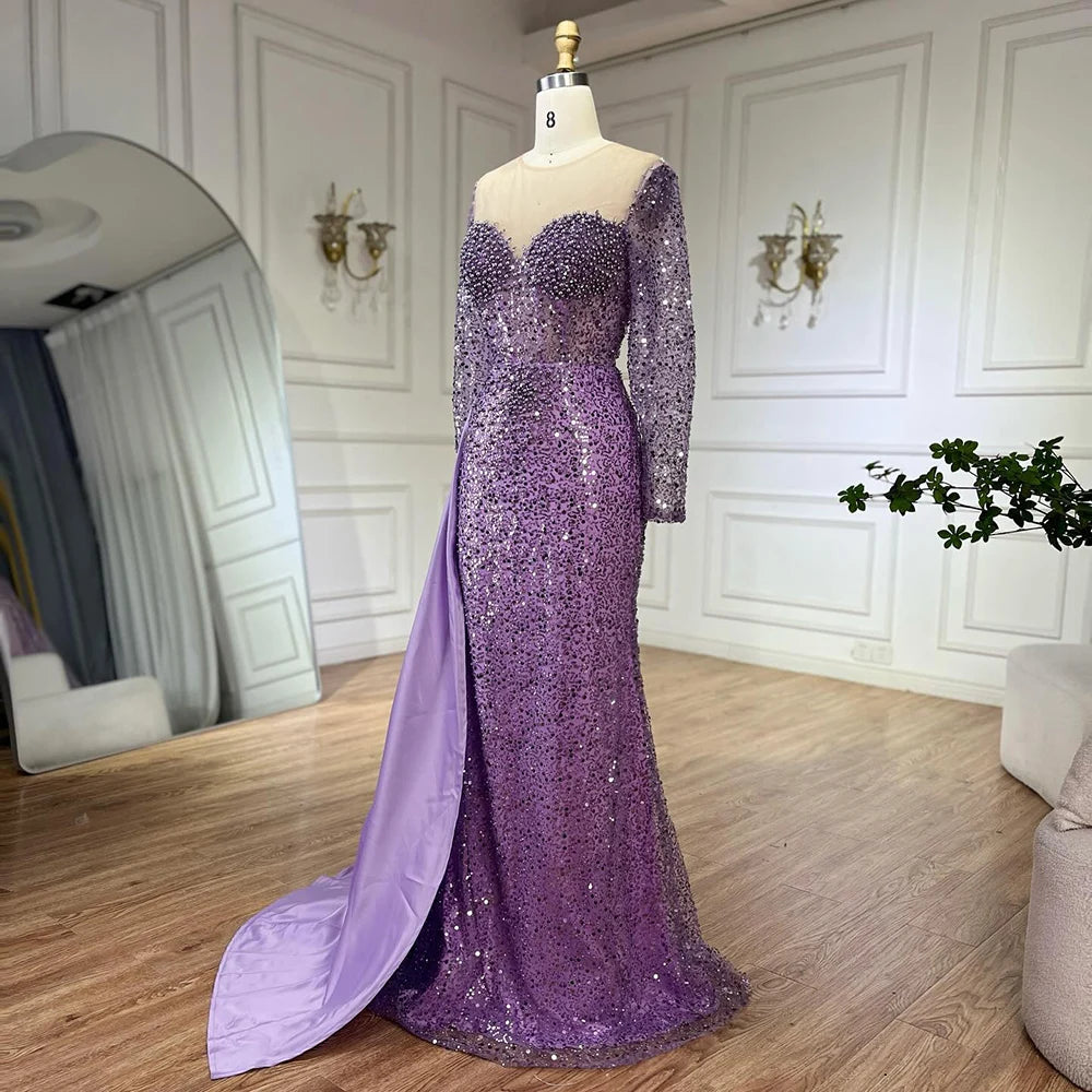 Serene Hill Purple Mermaid Elegant With Overskirt Luxury Pearls Beaded Evening Dresses Gowns for Women Wedding Party LA72429 - SERENE HILL