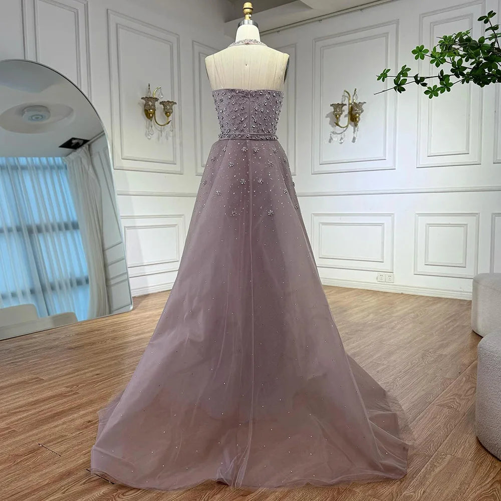 Luxury Arabic Pink Beaded Mermaid Evening Dress with Overskirt LA73084 - SERENE HILL