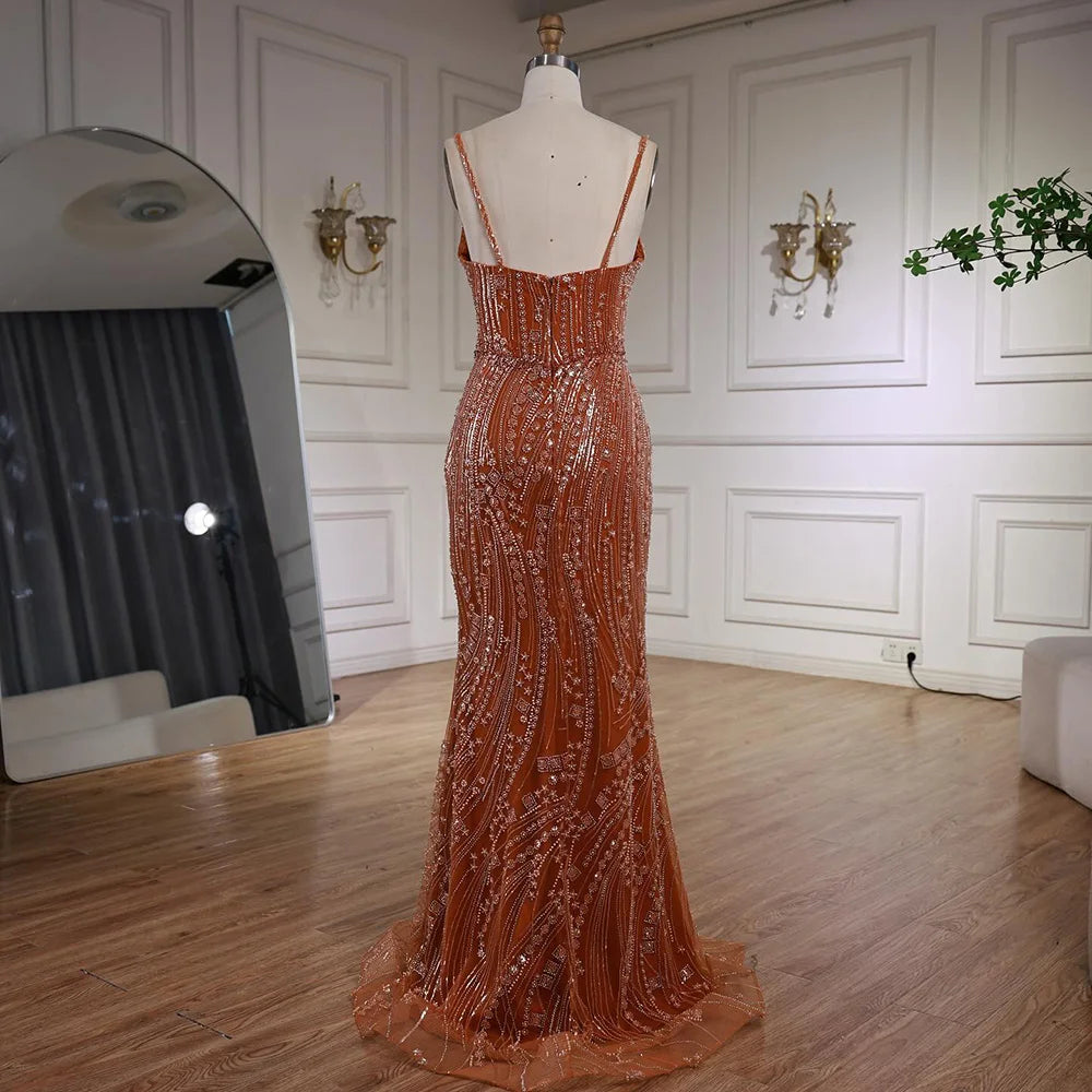 Orange Beaded Evening Dress with Slit Spaghetti Straps LA72542 - SERENE HILL