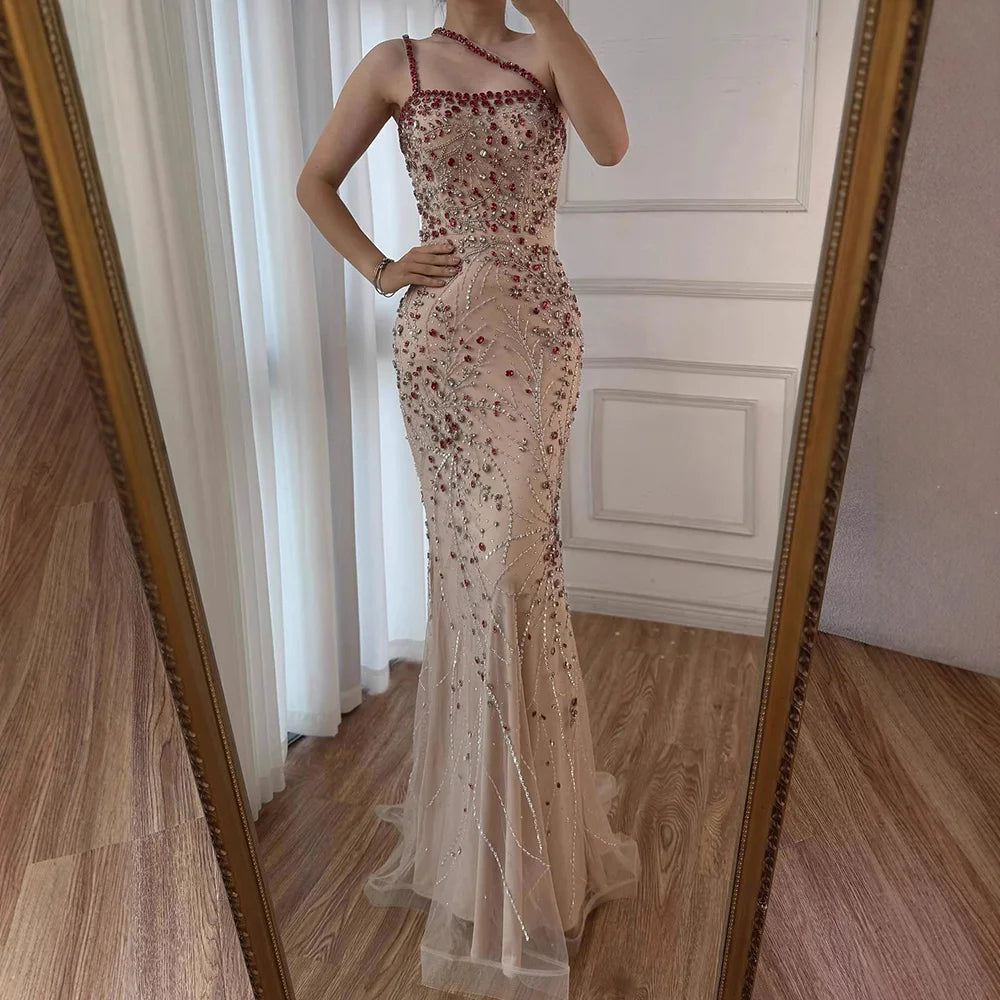 slim fit dress slacks Luxury Red Saudi Arabic Crystal Beaded One Shoulder Evening Dress LA73135 Red / 14