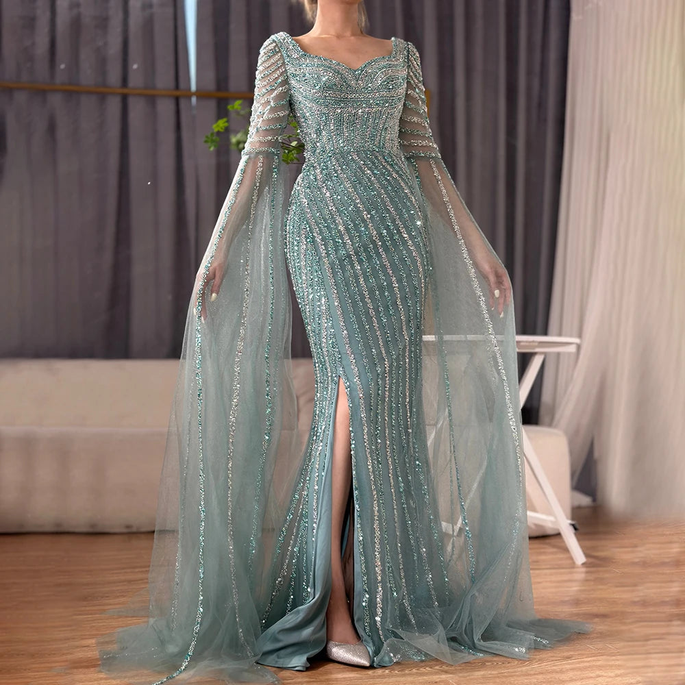 Blue Sweetheart Beaded Long Sleeves Mermaid Evening Gown LA72314 - SERENE HILL