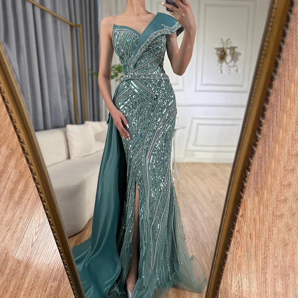 turquoise one shoulder prom dress One Shoulder Sequin Long Prom Dress with Slit