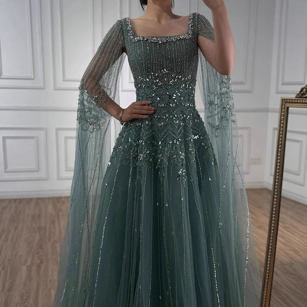Luxury Caramel A-Line Beaded Evening Dress with Cape Sleeves LA73089A - SERENE HILL