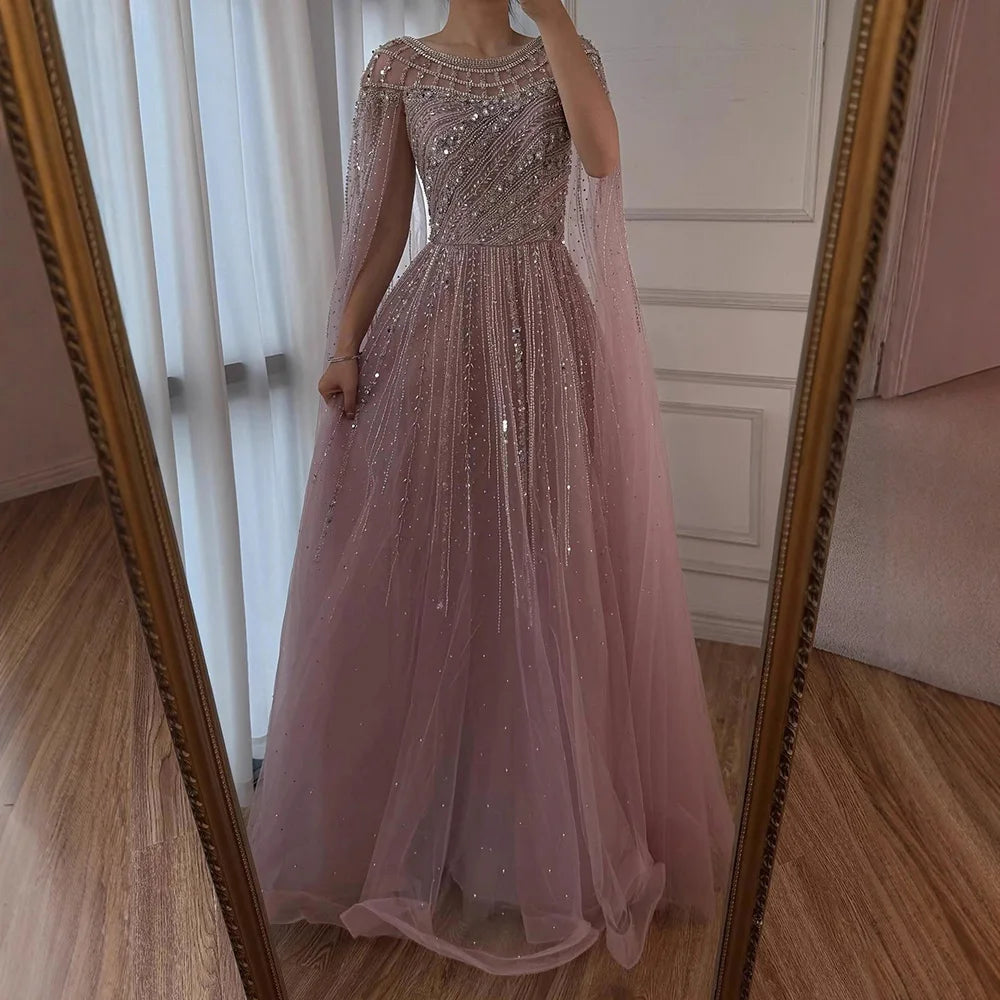 Luxury Caramel Beaded Evening Dress with Cape LA72994 - SERENE HILL