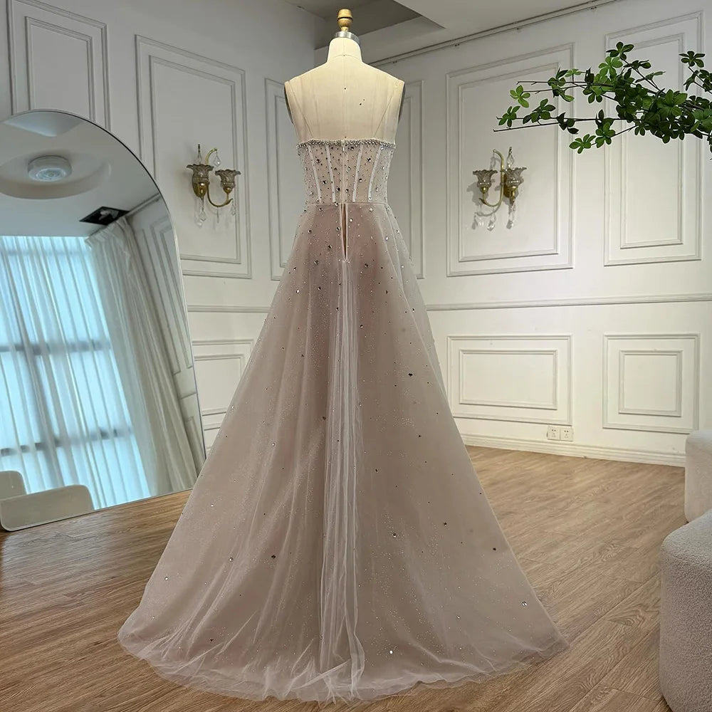 Luxury White Nude Beaded Evening Dress with Overskirt LA73107 - SERENE HILL