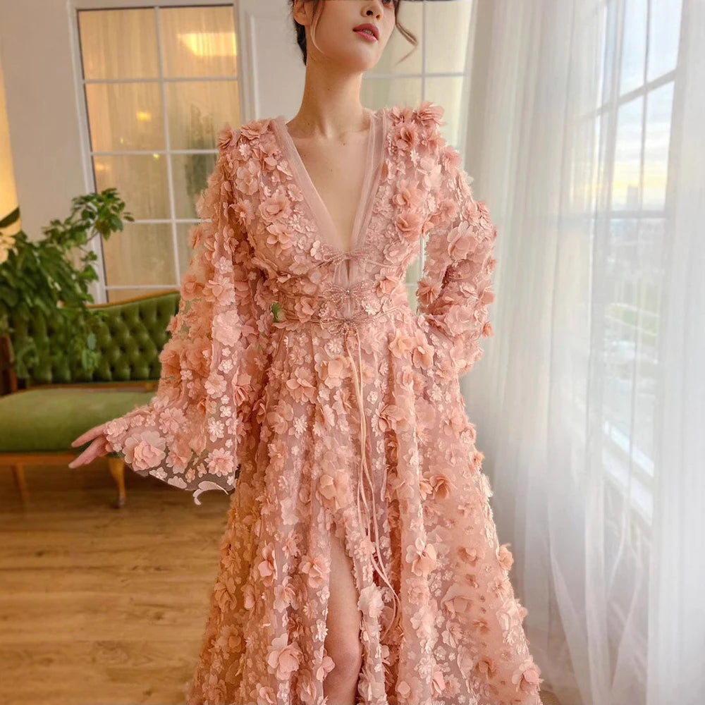 Blush Peach-Pink 3D Flowers Evening Dresses with Bell Long Sleeves LA72960 - SERENE HILL