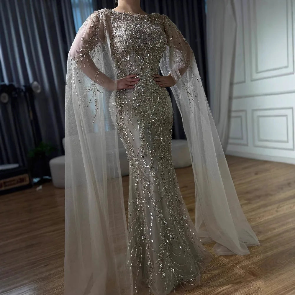Luxury Caramel Beaded Evening Dress with Cape Sleeves LA73078 - SERENE HILL