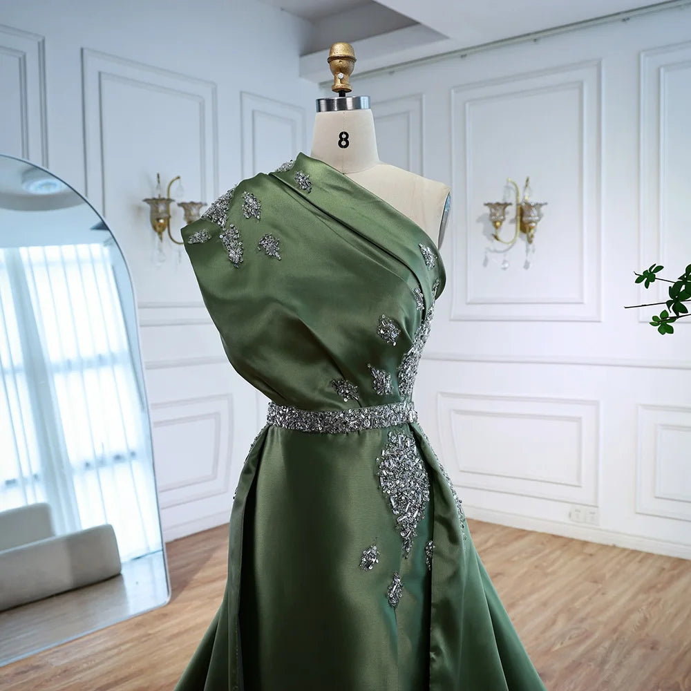 Luxury Dark Green Satin Beaded One Shoulder Evening Dress LA72845 - SERENE HILL