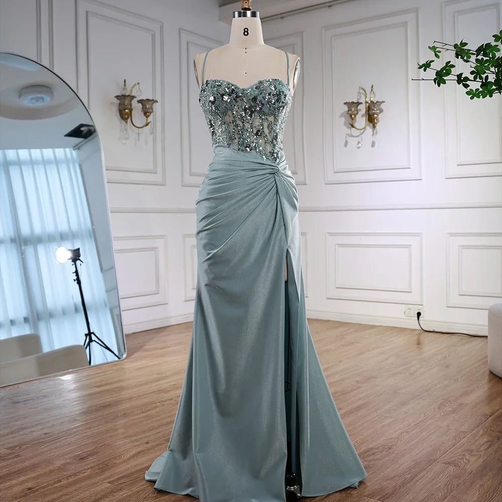 Classy Light Green Satin Prom Dress with Lace and Slit LA73032A Light Green / 8 Classy Light Green Satin Prom Dress with Lace and Slit LA73032A Light Green / 8