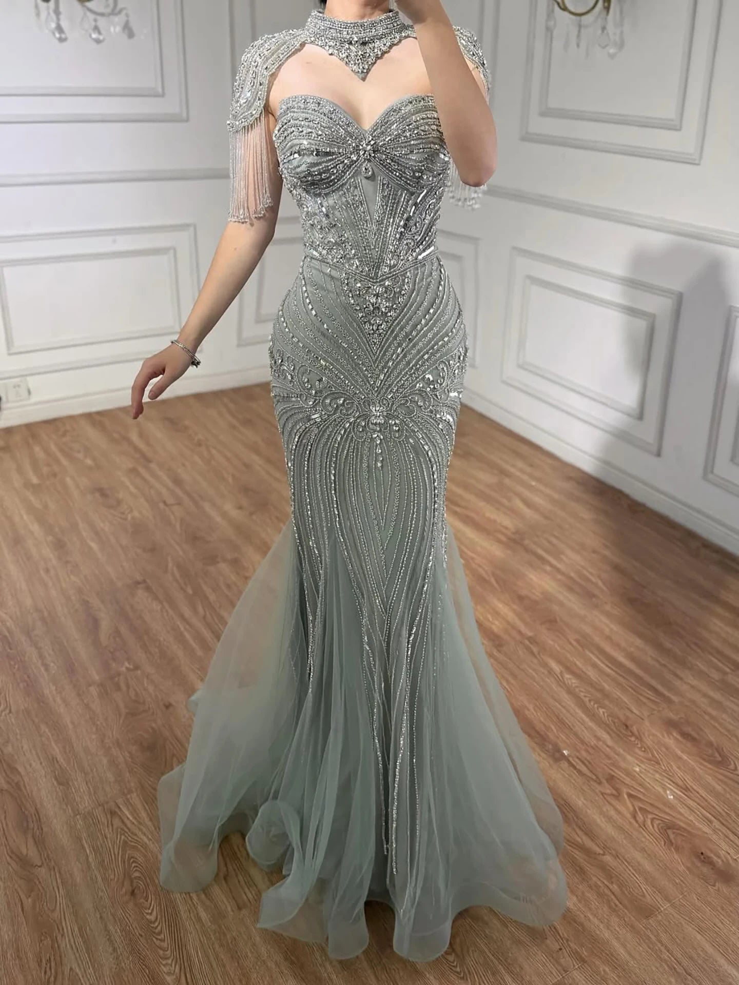 Luxury Nude Beaded High Neck Mermaid Evening Dress LA72897 - SERENE HILL