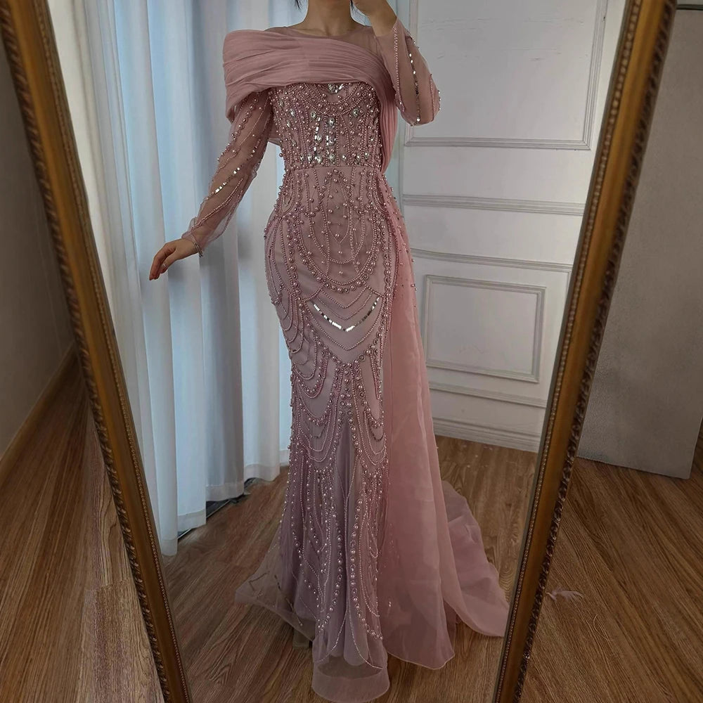 Luxury Designer Nude Crystal Mermaid Evening Dress with Overskirt LA72348 - SERENE HILL