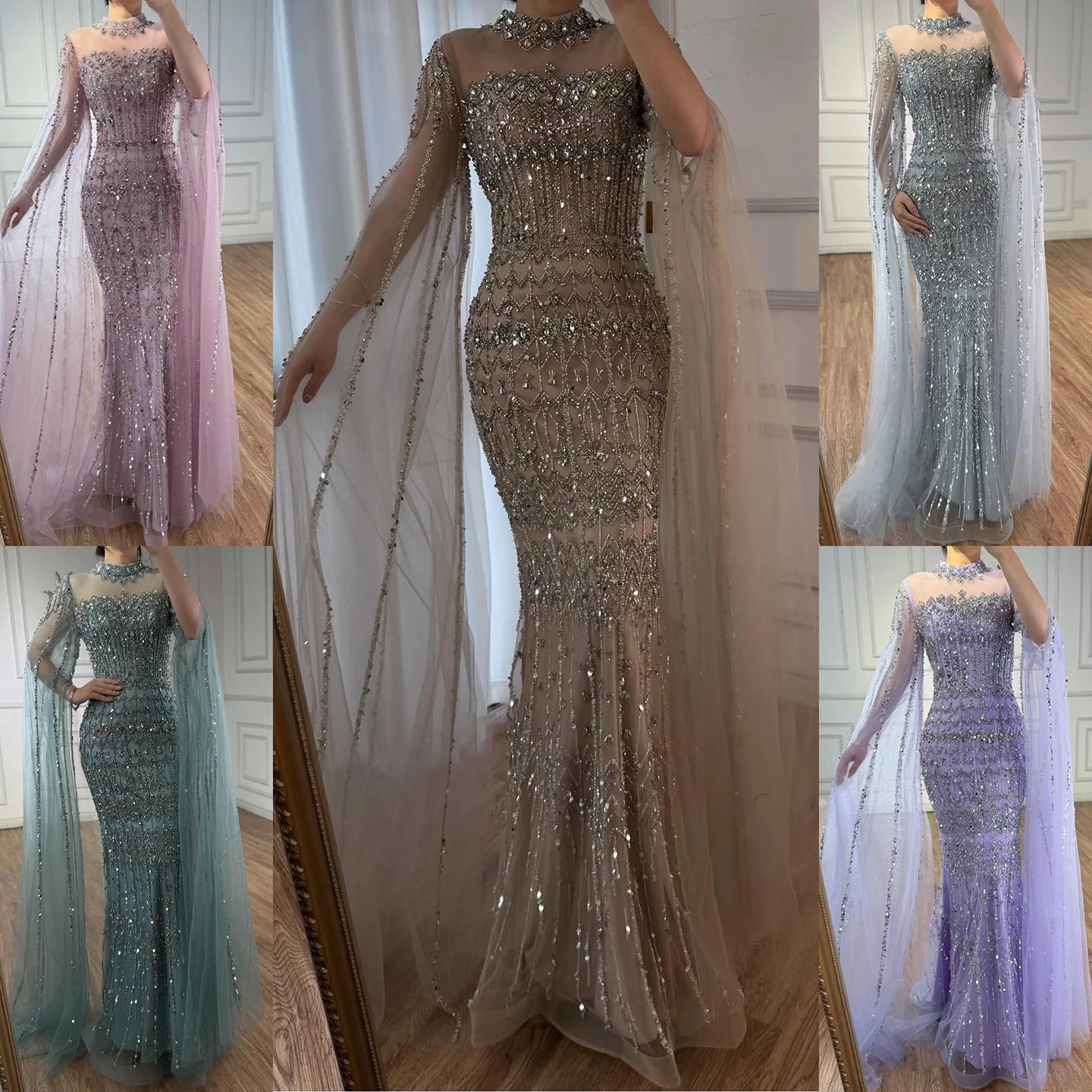 Luxury Nude Beaded Evening Dress with Long Cape Sleeves LA72714A - SERENE HILL