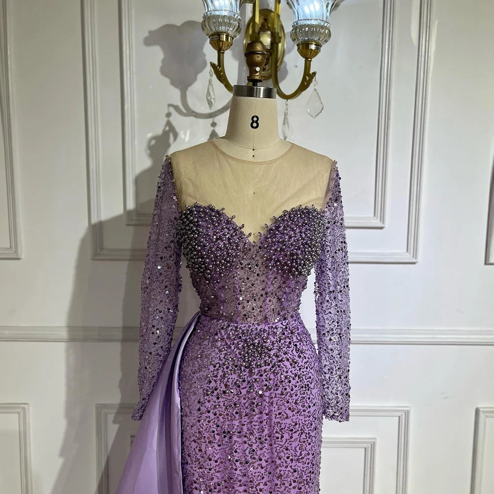 Serene Hill Purple Mermaid Elegant With Overskirt Luxury Pearls Beaded Evening Dresses Gowns for Women Wedding Party LA72429 - SERENE HILL