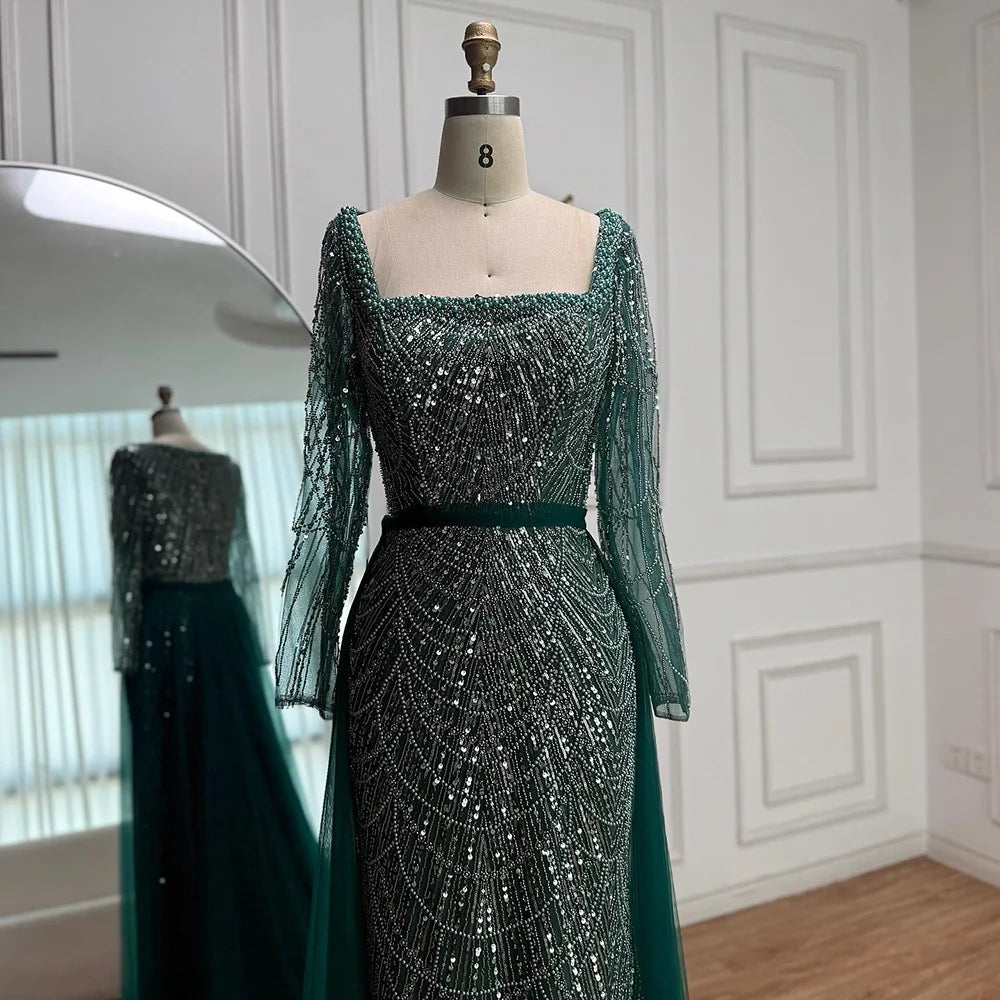 Blue Square Evening Dress With Long Sleeve Plus Size LA72032N - SERENE HILL