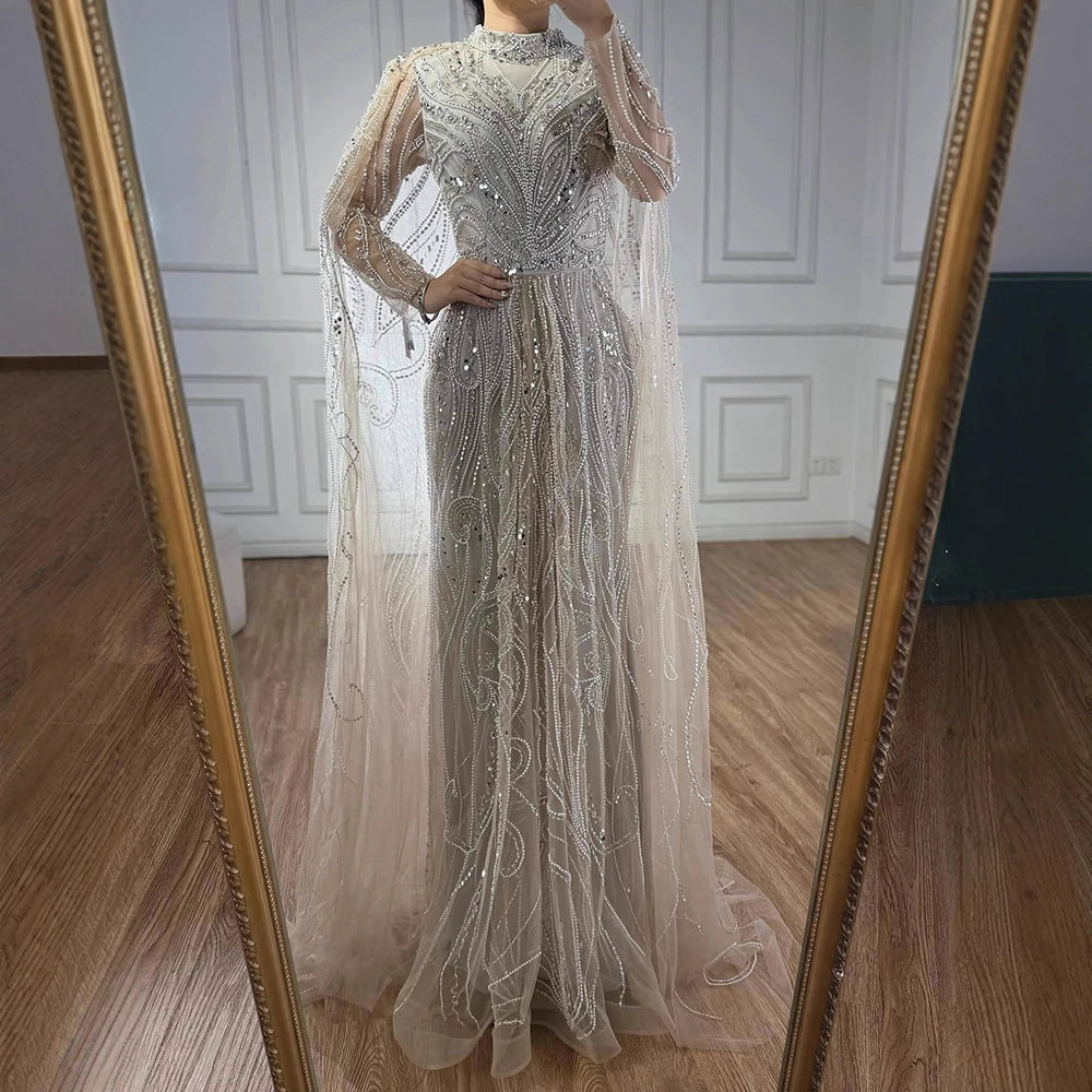 Luxury Sliver Hijab Modest Muslim Beaded Evening Dress LA73215 - SERENE HILL