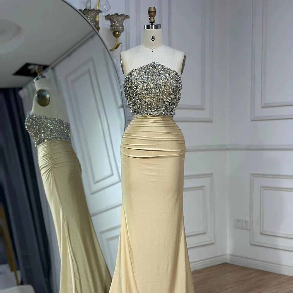 Luxury Dubai Saudi Arabic Gold Elegant Evening Gown Crystal Beaded Dress for Formal Occasion LA72759 - SERENE HILL