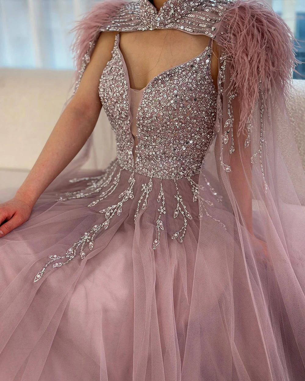 Luxury Dubai Arabic Beige A-Line Feathers Long Cape Luxury Beaded Saudi Evening Dresses Gowns for Formal Occasion LA72722 - SERENE HILL
