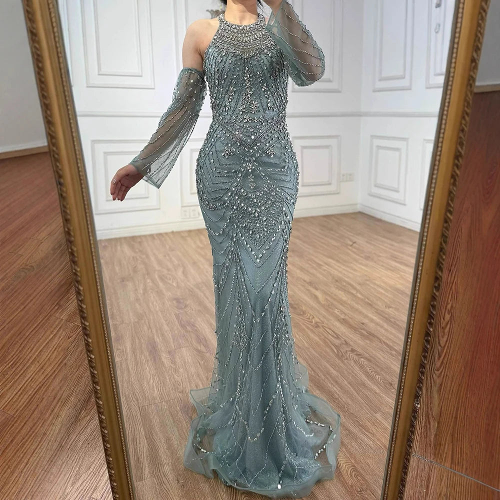 Luxury Turquoise Mermaid Evening Dress Detachable Sleeves LA72925 - SERENE HILL