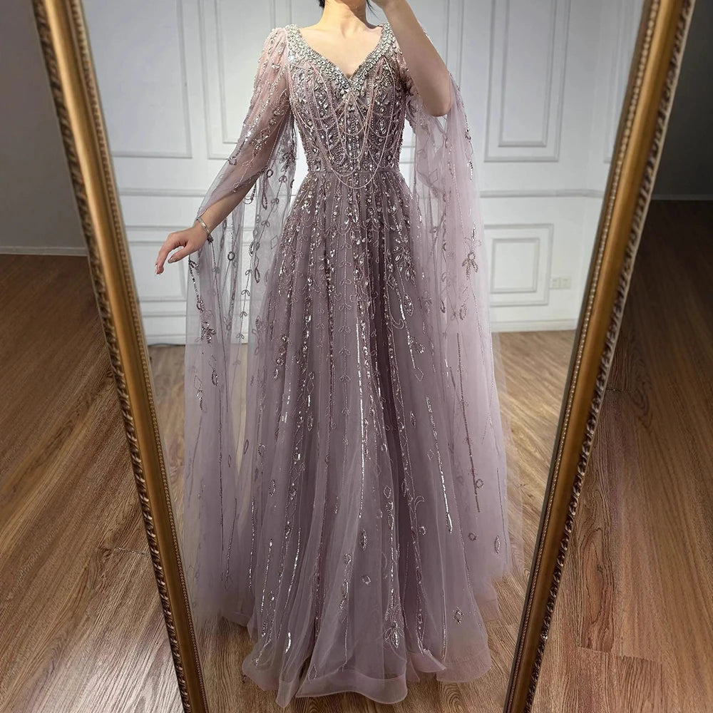 Luxury Nude Beaded Evening Dress with Cape Sleeves for Formal Occasion LA72764A - SERENE HILL