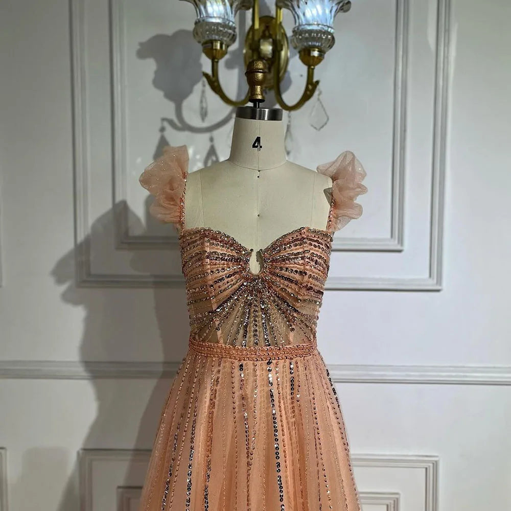 Serene Hill Arabic Elegant Peach Beaded A-Line Evening Gown 2025 Boat Neck Luxury Dress for Women Long Party Dress LA72324 - SERENE HILL