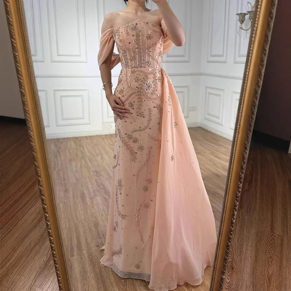 Luxury Nude Off Shoulder Pearl Beaded Mermaid Evening Dress with Overskirt LA73109 - SERENE HILL