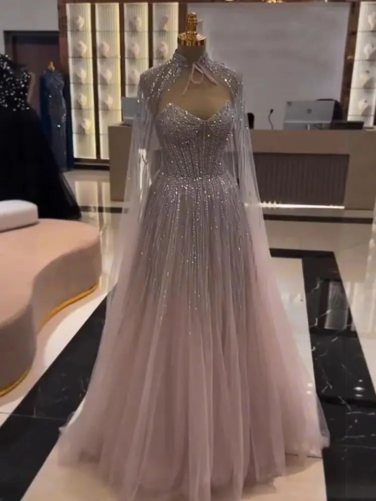 Luxury Pink Tulle Beaded A Line Evening Dress LA73104 - SERENE HILL