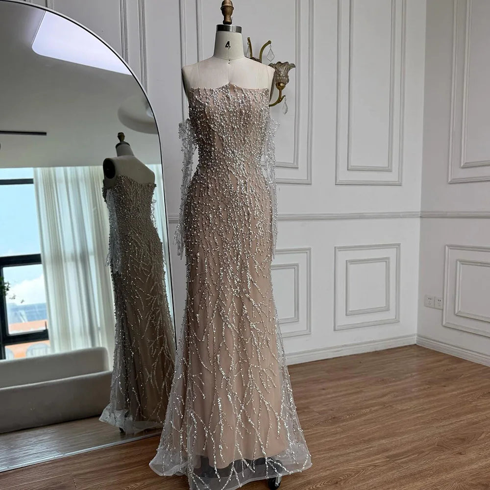Luxury Nude Pearl Beaded Mermaid Evening Gown with Gloves LA72345C - SERENE HILL