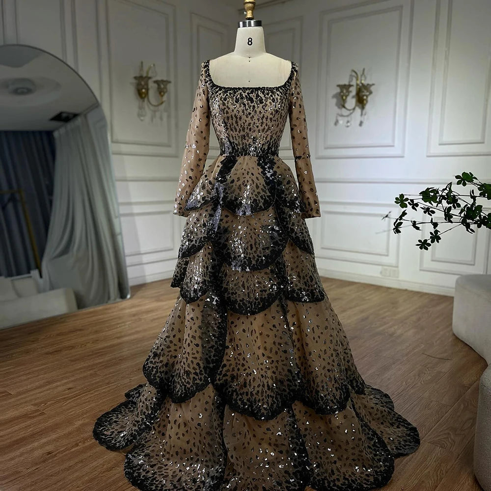 Luxury Black Nude Sequin Evening Dress with Long Sleeves LA72505B - SERENE HILL