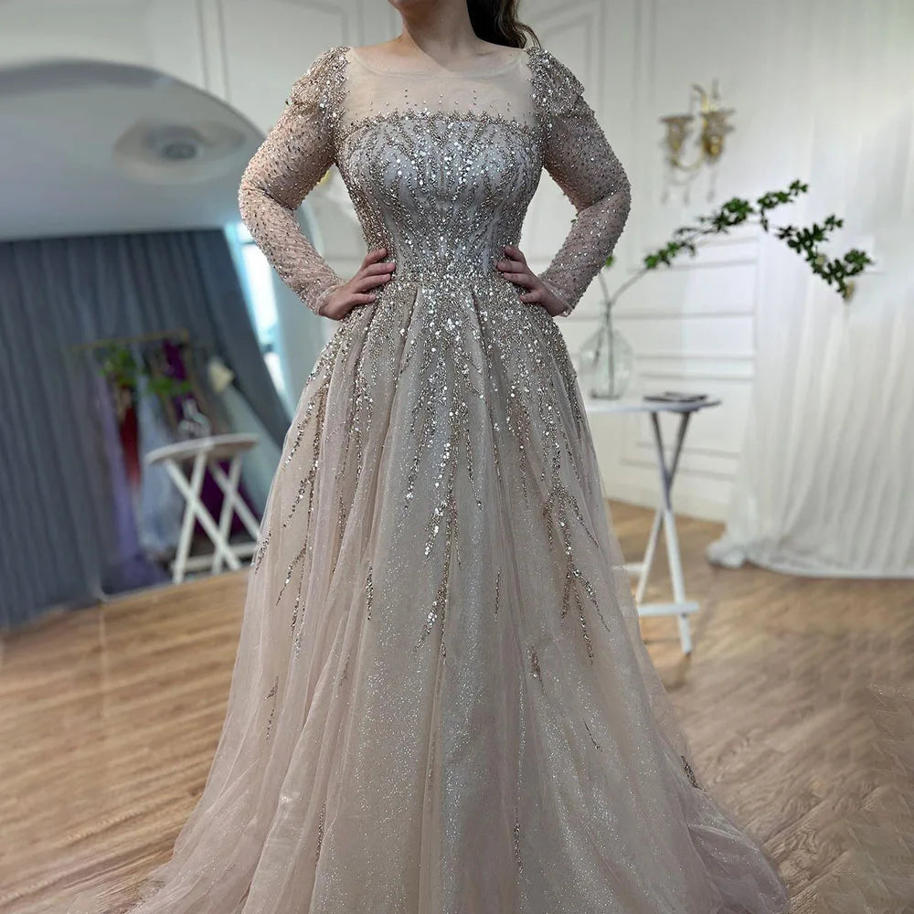 Luxury Dusty Pink Long Sleeves A-Line Evening Dress LA71915 - SERENE HILL