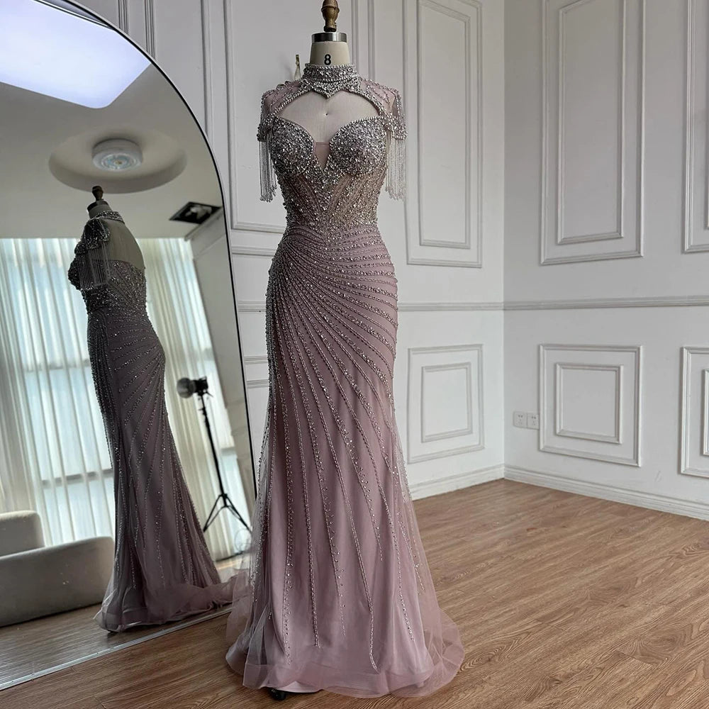 Luxury Pink Beaded Tassel Mermaid Evening Dress Long Gown LA73184 - SERENE HILL