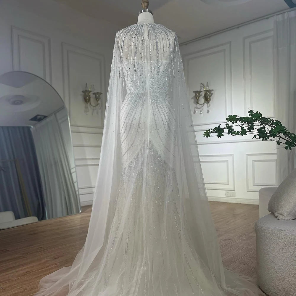 Luxury Blue Beaded Evening Gown with Detachable Cape LA72784 - SERENE HILL