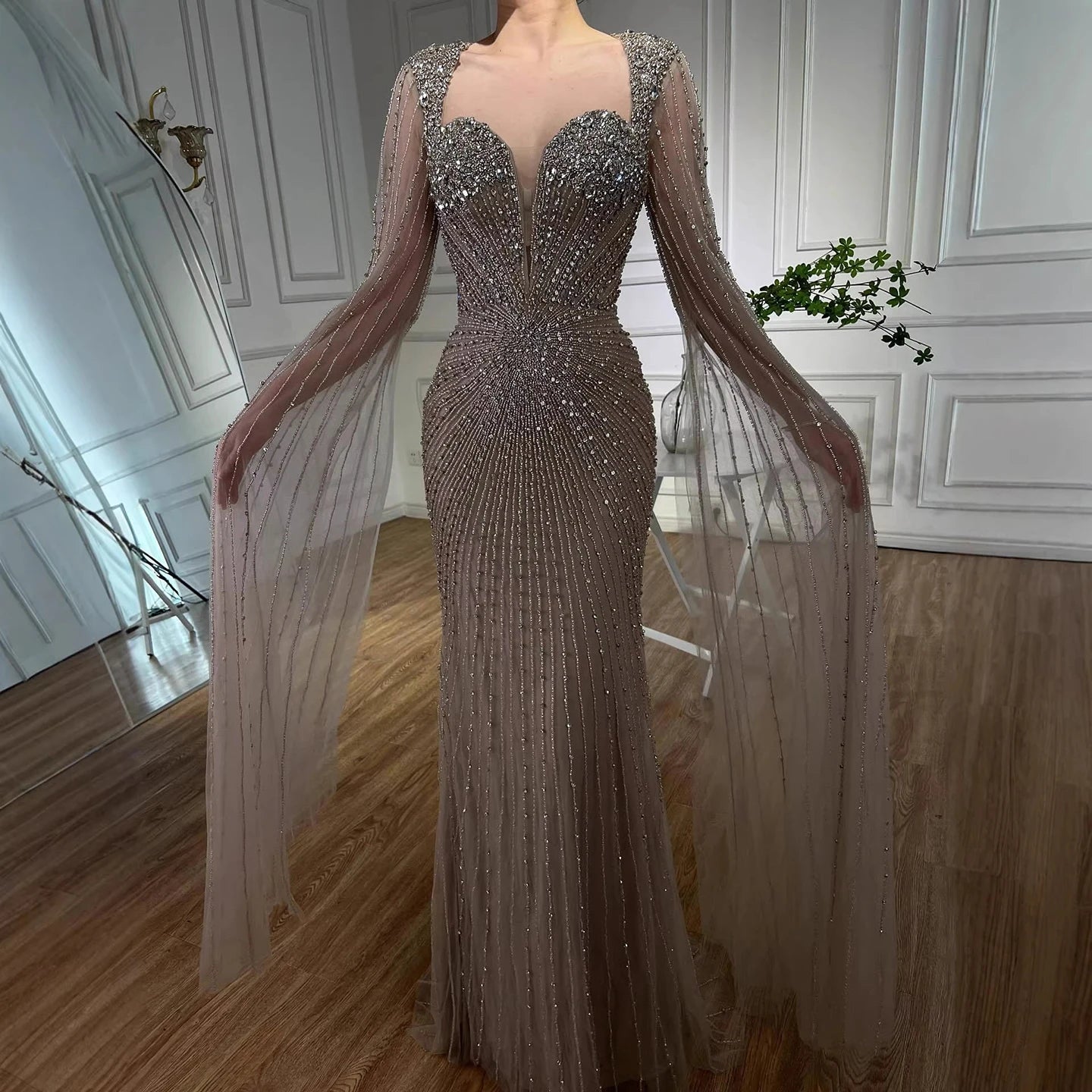 Luxury Caramel Crystal Beaded Mermaid Evening Dress with Cape LA72575D - SERENE HILL