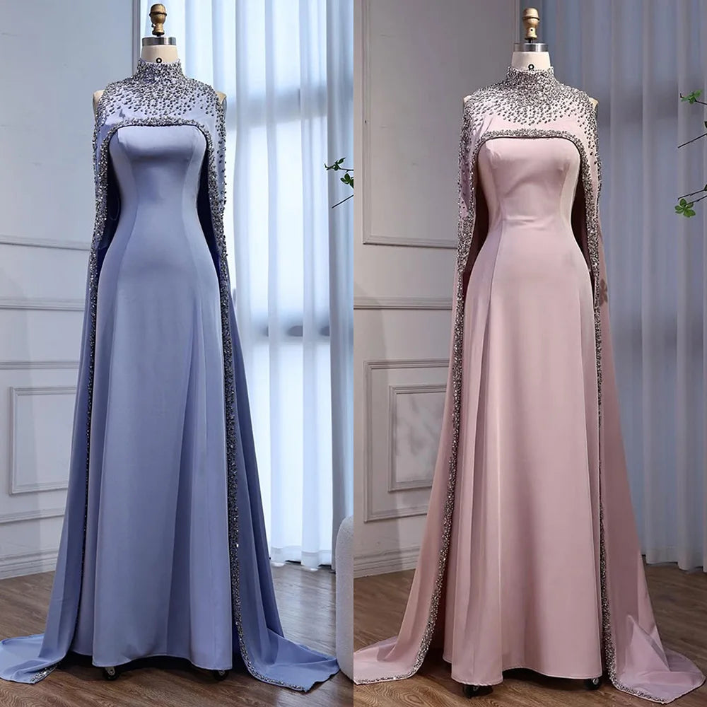 Elegant High Neck Evening Dress with Crystals and Long Cape LA73068 - SERENE HILL