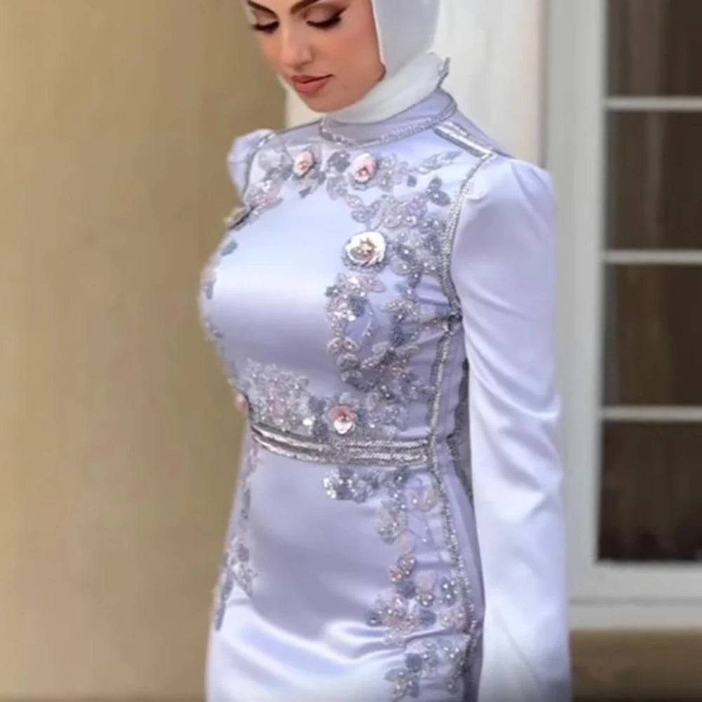 Luxury Muslim Lilac Satin Lace Evening Dress LA72751 - SERENE HILL
