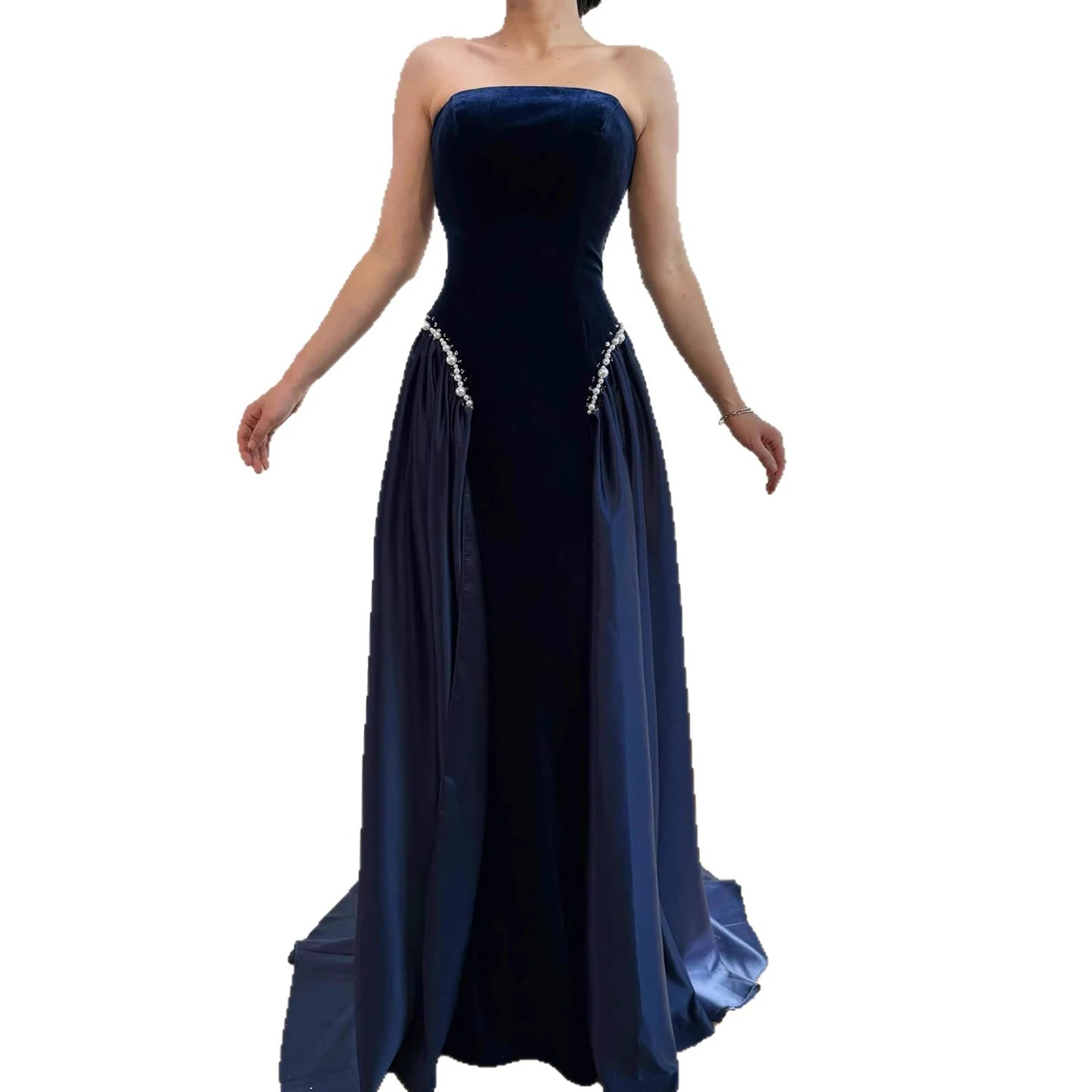 Luxury Navy Blue Mermaid Pearls Evening Dress Gowns With Skirt LA73351 - SERENE HILL
