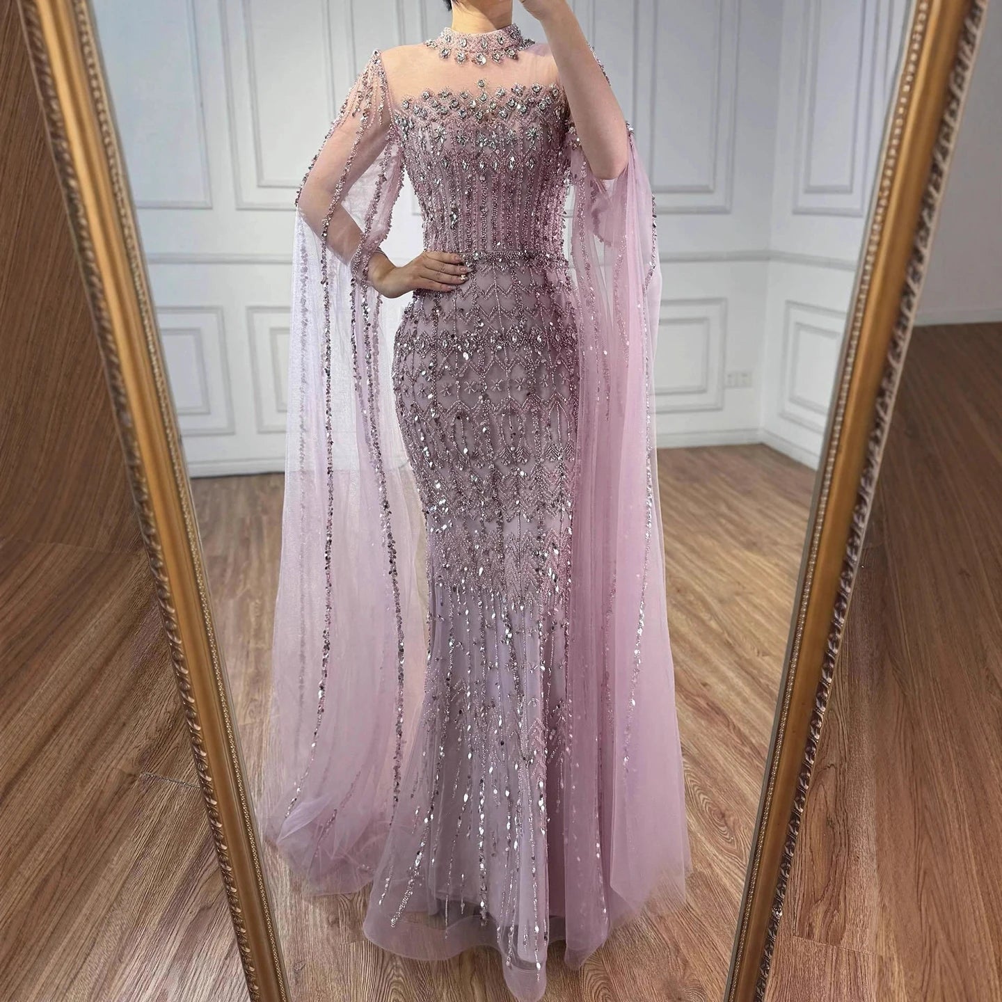 Luxury Nude Beaded Evening Dress with Long Cape Sleeves LA72714A - SERENE HILL