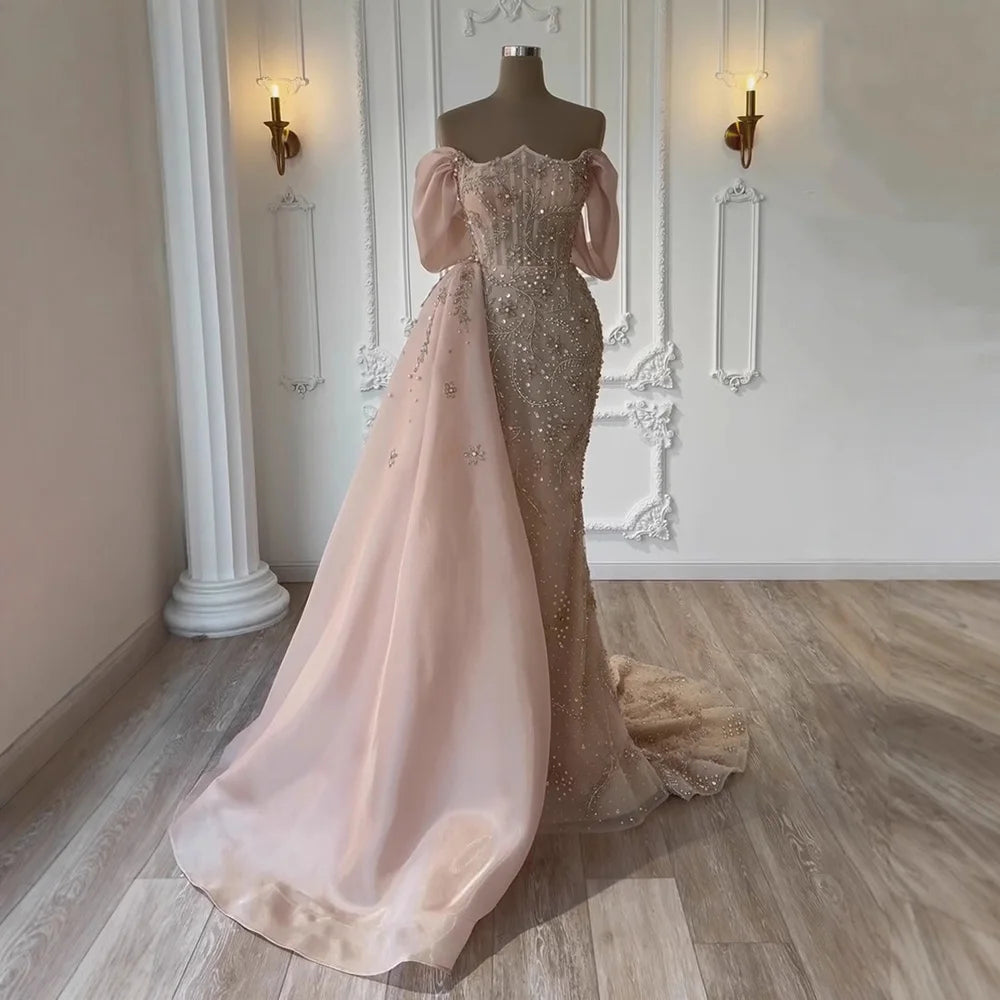 Luxury Nude Off Shoulder Pearl Beaded Mermaid Evening Dress with Overskirt LA73109 - SERENE HILL