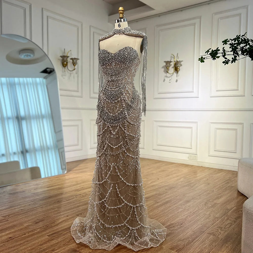 Luxury Dubai Nude Beaded Evening Dress with Tassel Short Cape LA72876 - SERENE HILL
