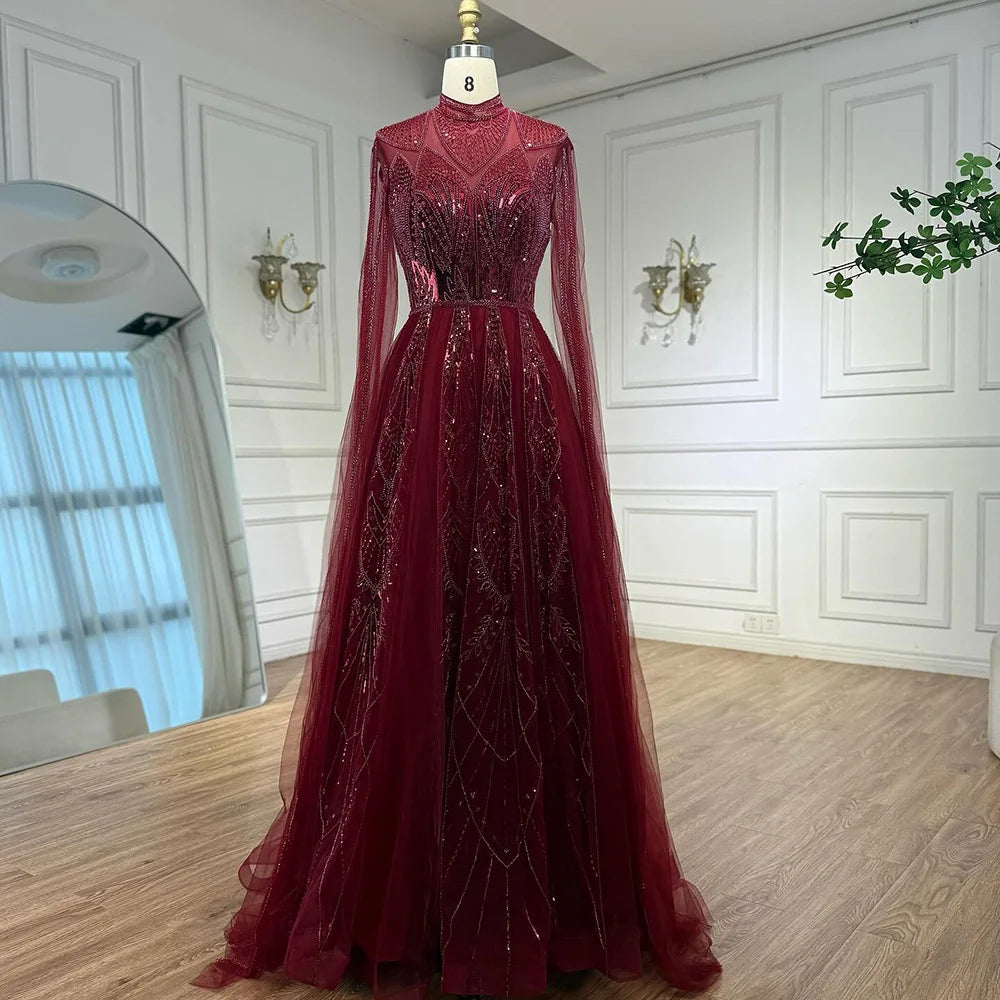 Luxury Brown Beaded Evening Gown with Cape Arabic Style LA72951 - SERENE HILL