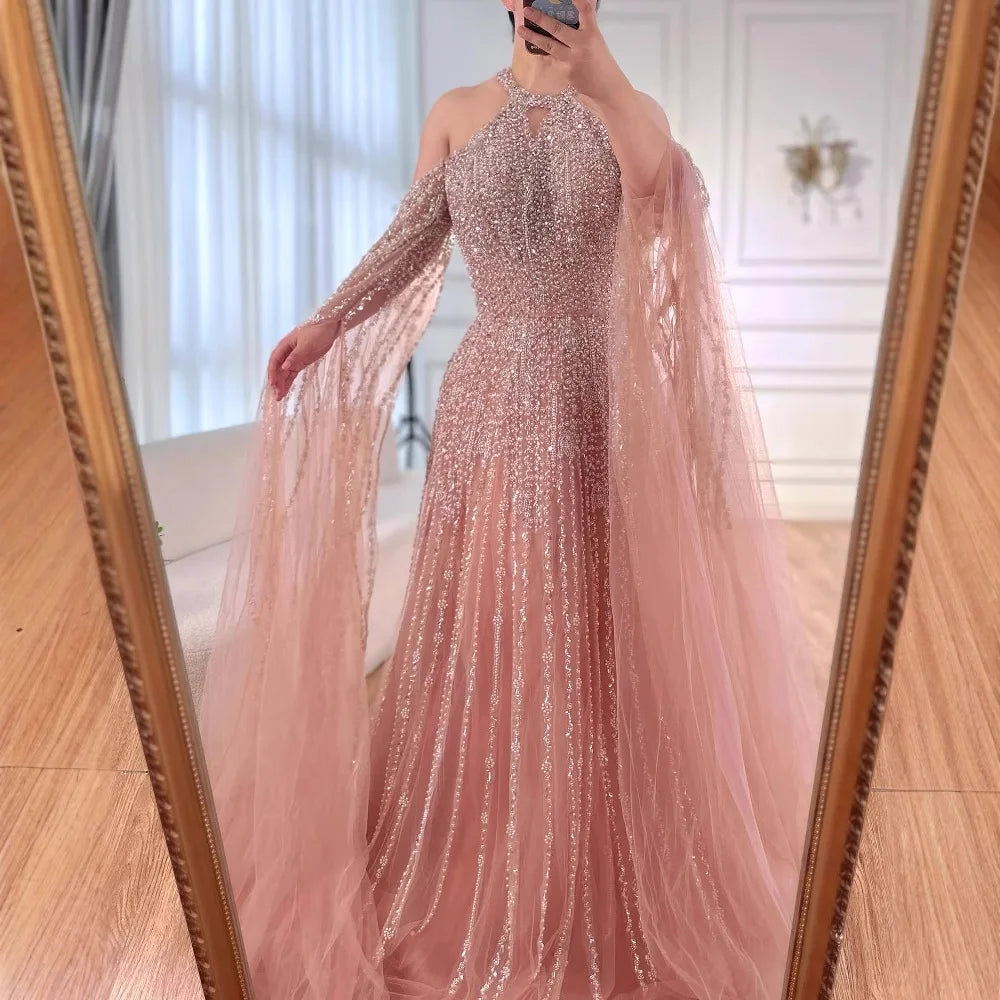 Luxury Turquoise Beaded A Line Evening Dress with Cape Sleeves LA72820 - SERENE HILL