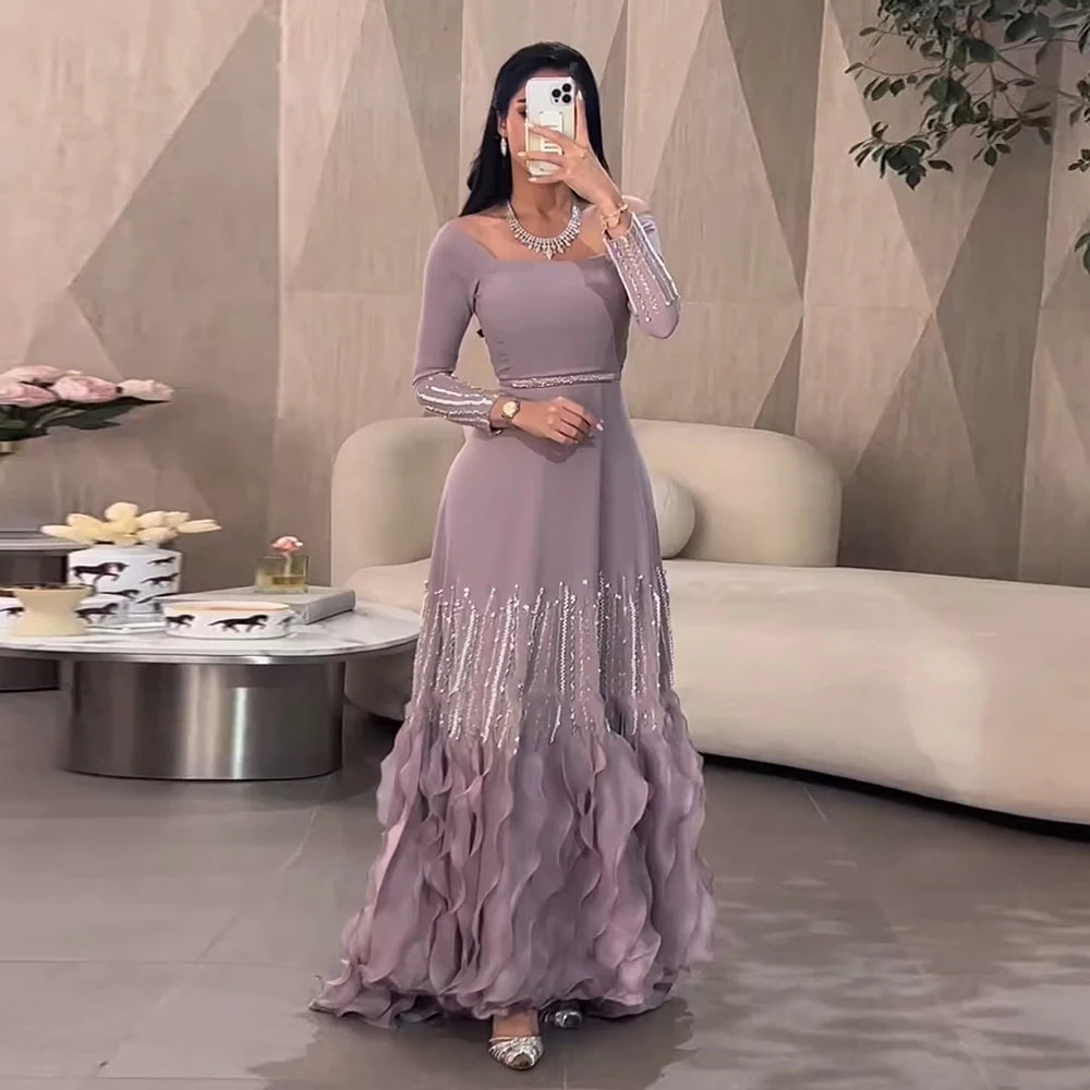 Luxury Lilac Ruffles Dubai Evening Dress Saudi Wedding Party LA72952 - SERENE HILL