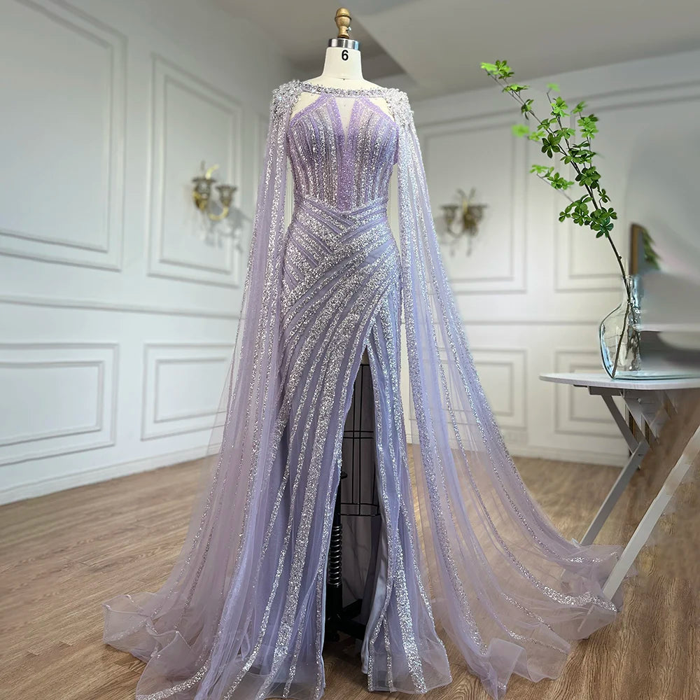 Luxury Crystal Yellow Evening Dress with Cape Sleeves LA72085 - SERENE HILL